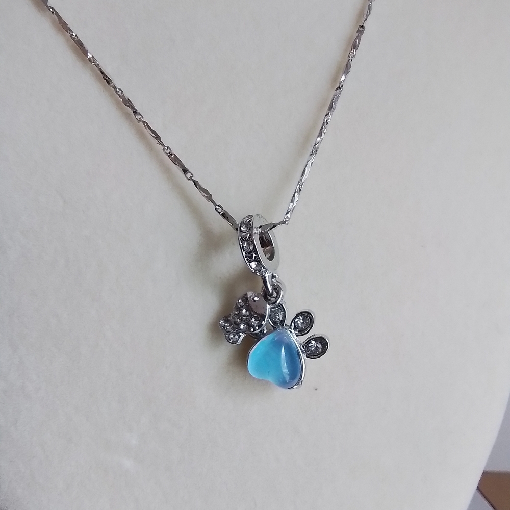 Paw Print Necklace with Blue Heart Charm - Picture 6 of 8
